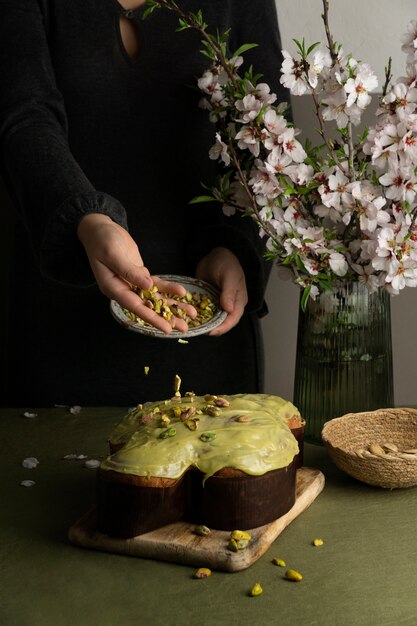 Delicious colomba and pistachio high angle