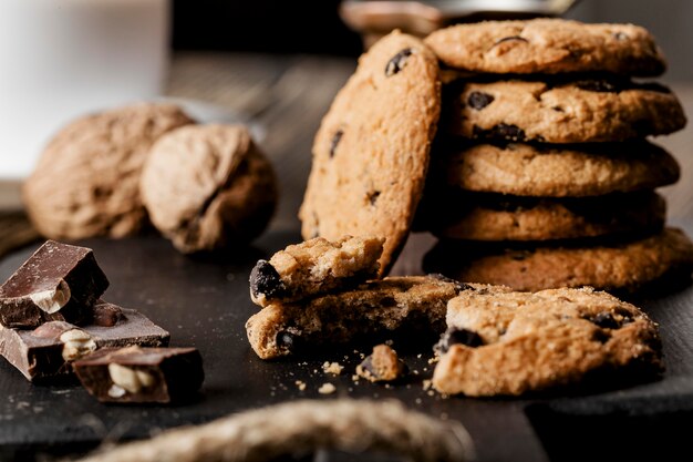 Delicious cookies close up on table