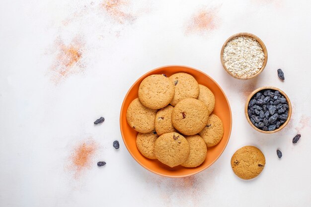 Delicious cookies with raisin and oatmeal,top view