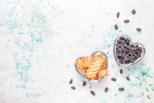 Delicious cookies with raisin,top view