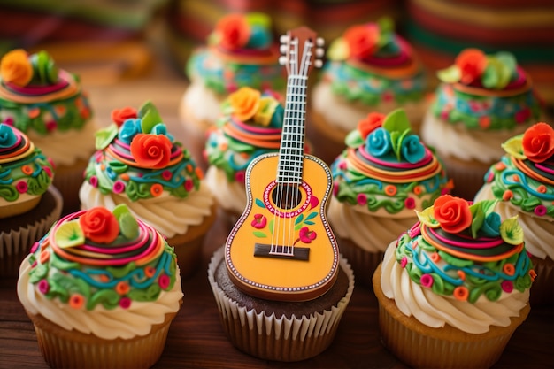 Free photo delicious cupcakes with guitar