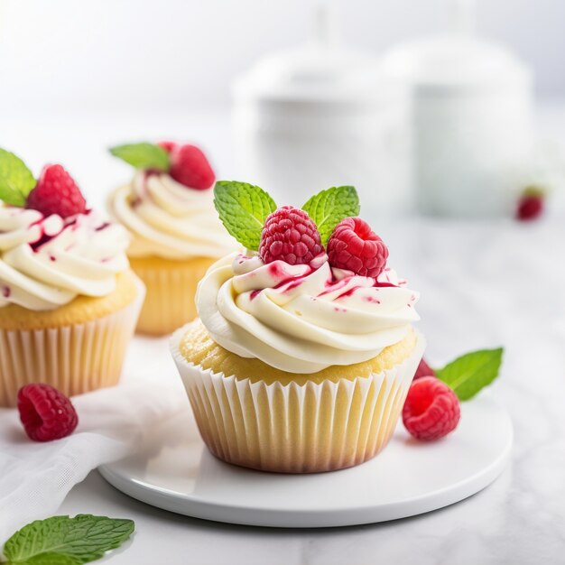 Delicious cupcakes with raspberries