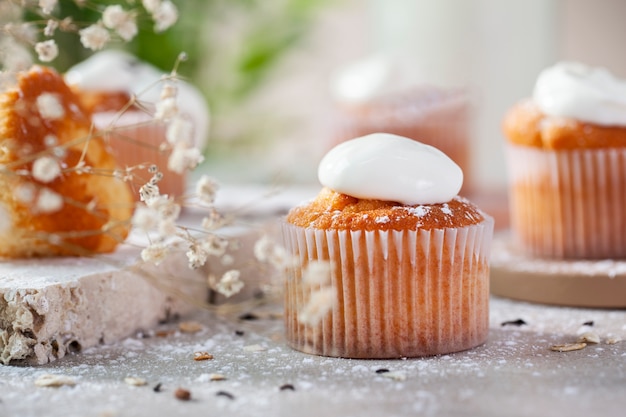 Delicious cupcakes with toppings