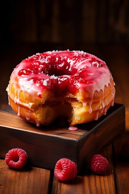 Delicious donut and raspberries