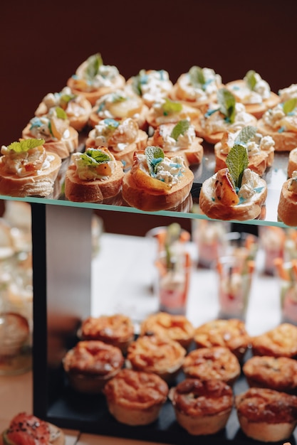 Delicious festive buffet with canapÃ©s and different delicious meals