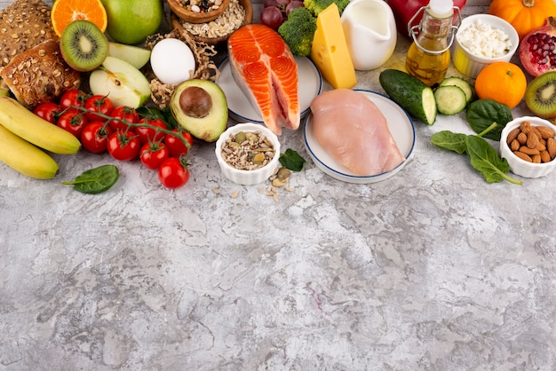 Delicious food arrangement flat lay