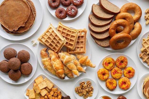 Delicious food assortment flat lay