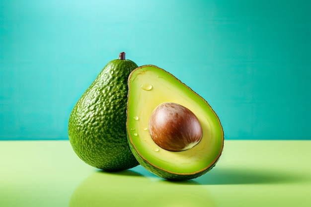 Delicious fresh avocados standing on a blue background