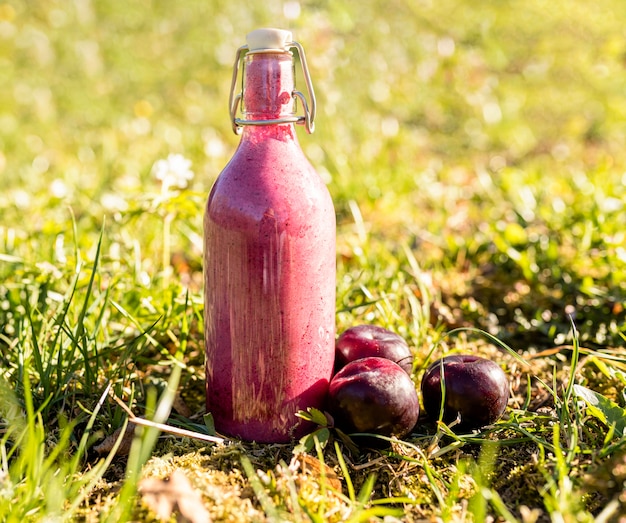 Free photo delicious fruit juice on grass