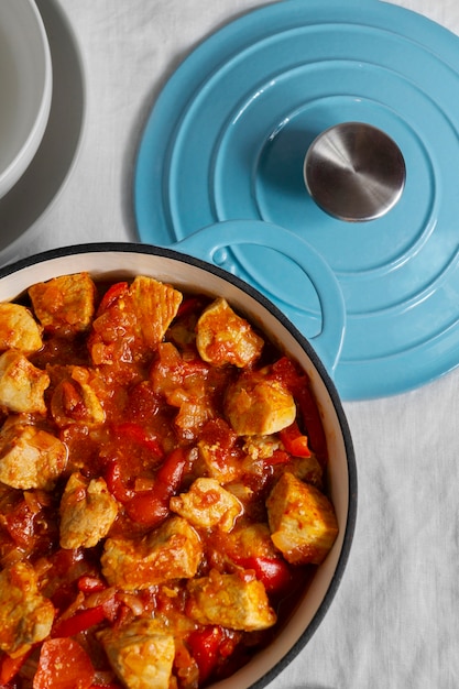 Delicious goulash on table still life flat lay