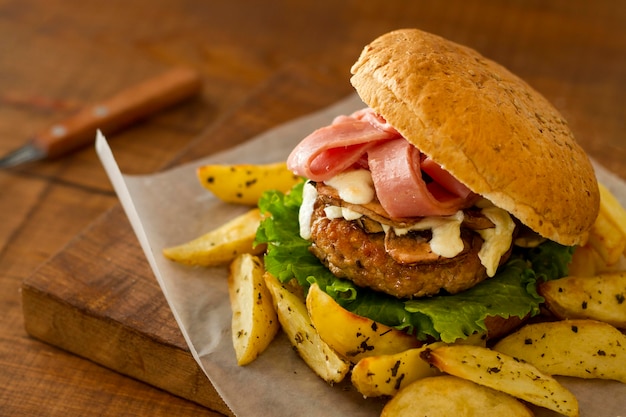 Delicious hamburger and fries