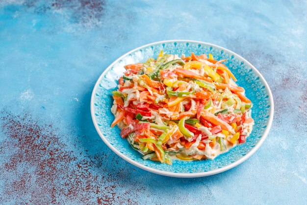 Delicious healthy bell pepper salad with chicken,top view