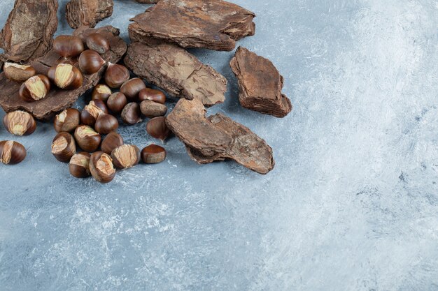 Delicious healthy chestnuts on a tree bark.