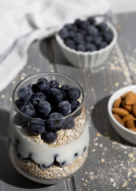 Delicious healthy dessert with blueberry arrangement