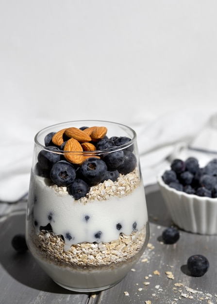 Delicious healthy dessert with blueberry arrangement