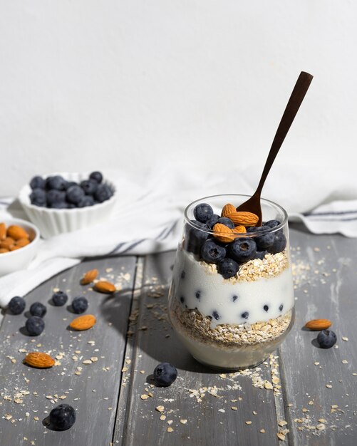 Delicious healthy dessert with blueberry arrangement