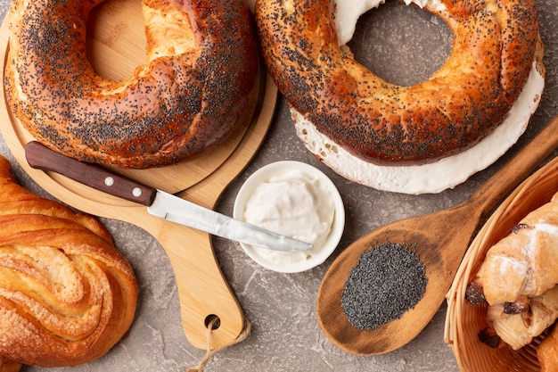 Delicious homemade bagels flat lay