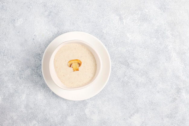 Delicious homemade mushroom cream soup,top view