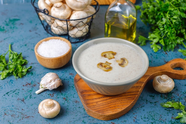 Delicious homemade mushroom cream soup, top view