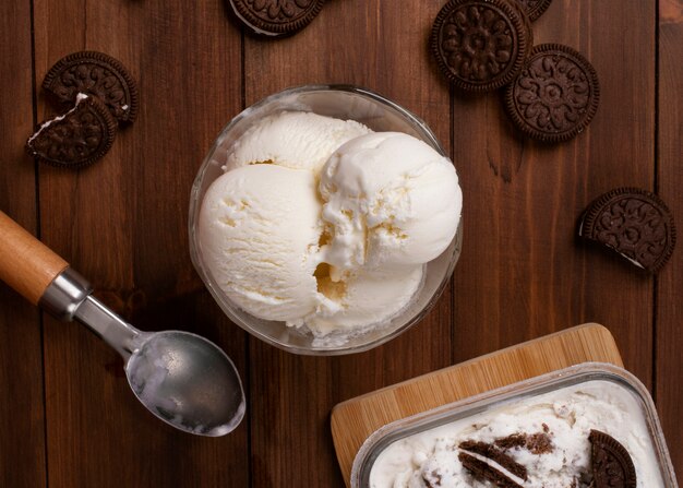 Delicious ice cream with cookies top view