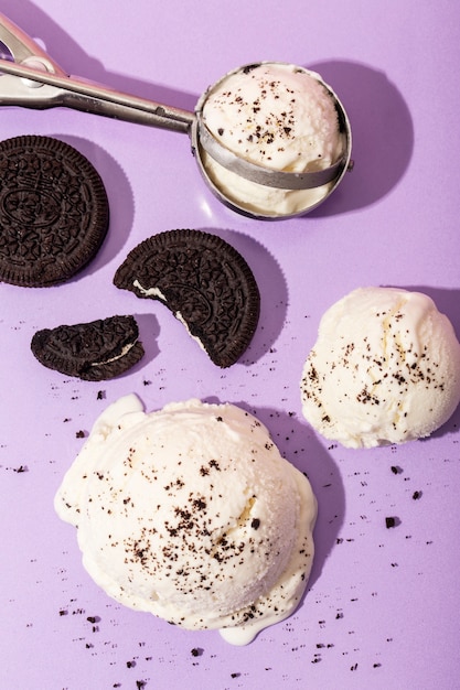 Delicious ice cream with cookies top view