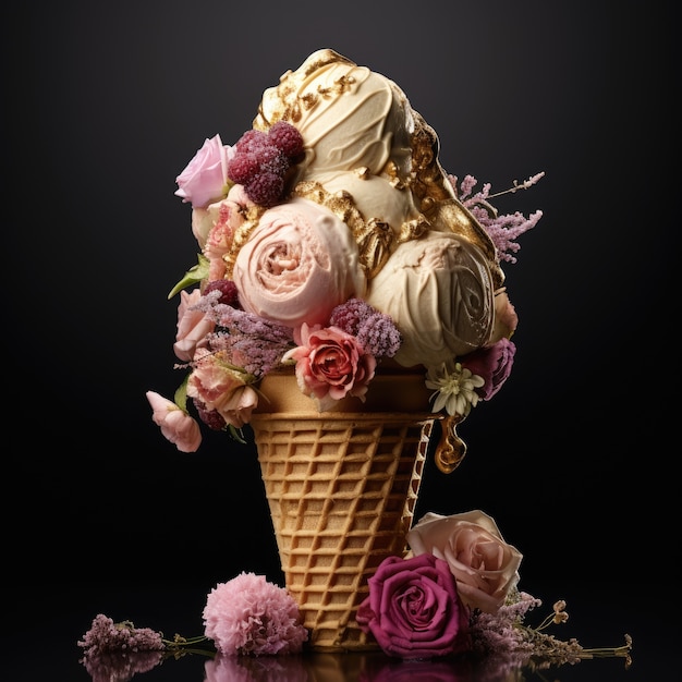 Free photo delicious ice cream with flowers arrangement