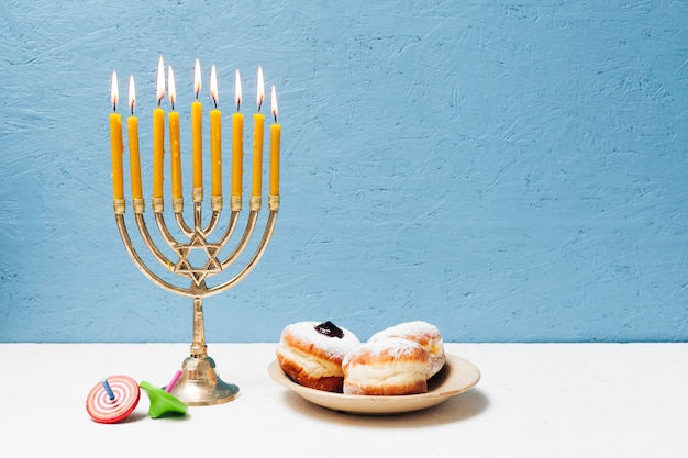 Delicious jewish sweets with menorah