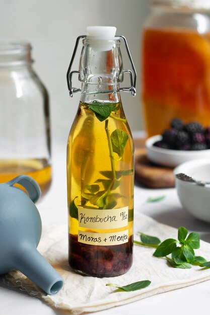 Delicious lemon kombucha bottle still life