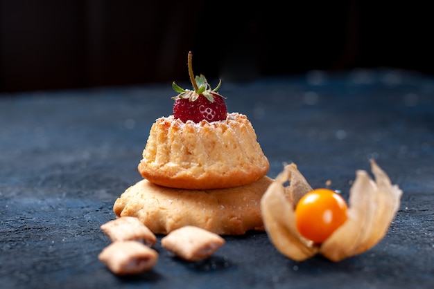 delicious little cake with pillow formed biscuits on blue, cake biscuit sweet bake coffee