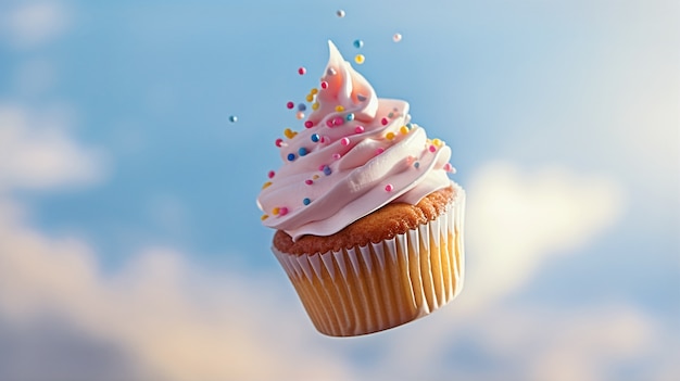 Free photo delicious looking cupcake with sprinkles floating in air