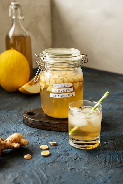 Free photo delicious melon kombucha jar