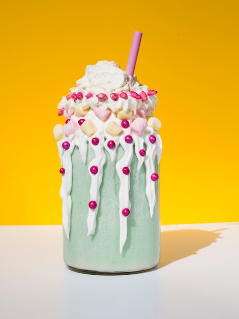 Delicious milkshake with yellow background