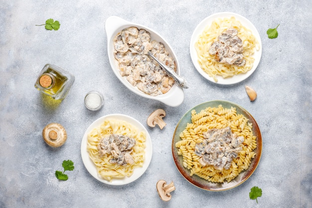 Delicious mushroom and chicken pasta,top view