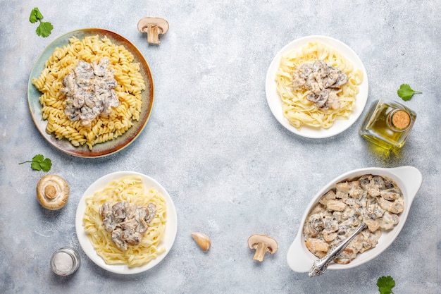 Delicious mushroom and chicken pasta, top view