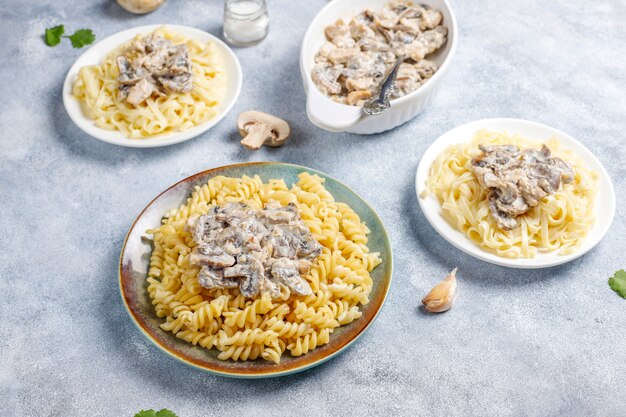 Delicious mushroom and chicken pasta, top view