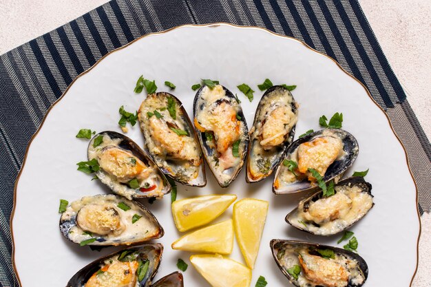 Delicious mussel shells on a plate