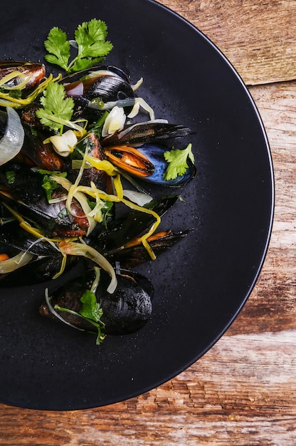 Delicious mussels in a plate