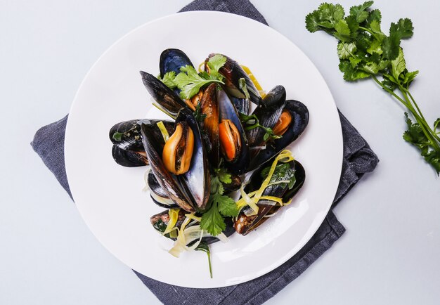 Delicious mussels in a plate