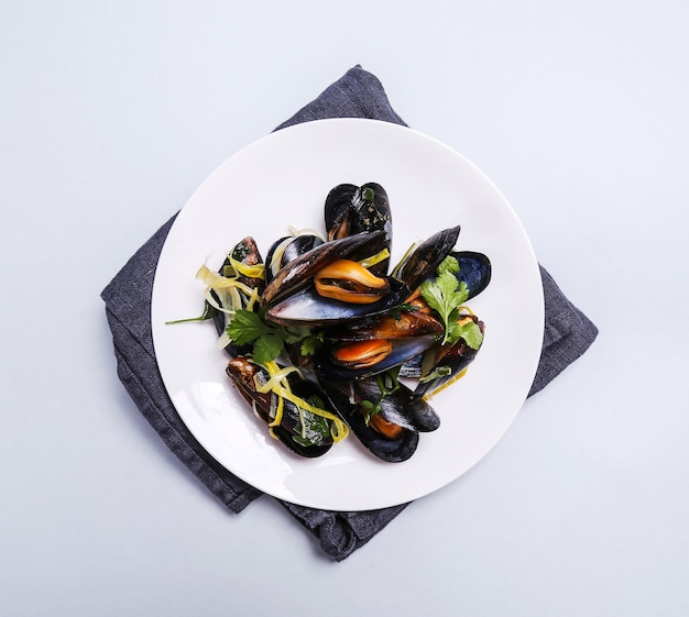 Delicious mussels in a plate