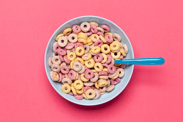 Delicious and nutritious fruit cereal loops top view