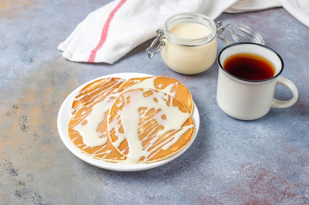 Delicious pancakes with condensed milk.