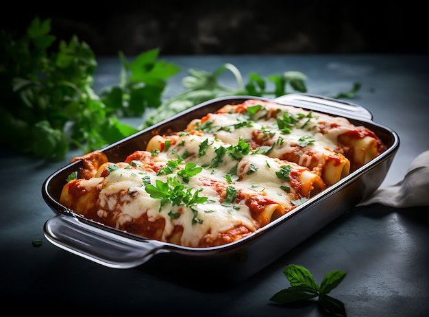 Delicious pasta on tray