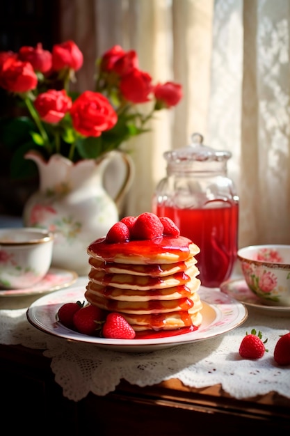 Delicious photorealistic pancakes with strawberries