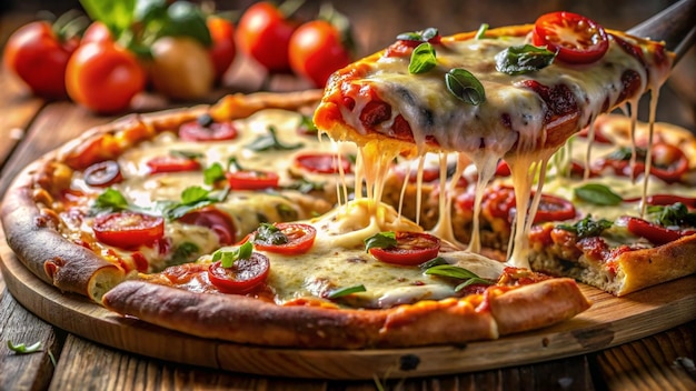 Delicious pizza with melted cheese tomato and basil