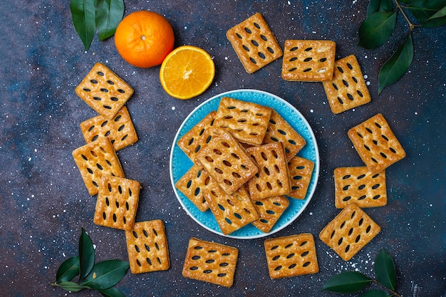 Delicious puff pastry cookies, top view