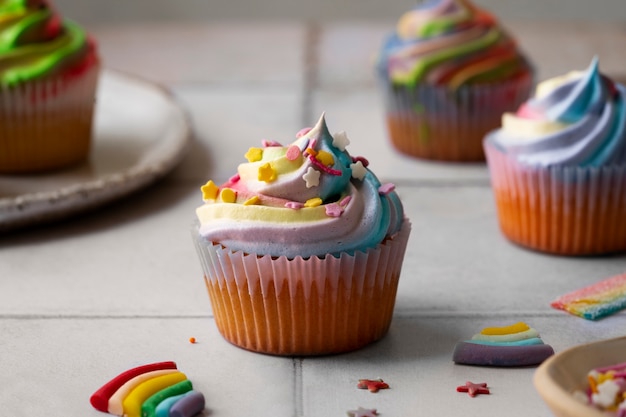 Free photo delicious rainbow cupcake still life