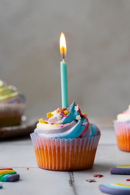 Free photo delicious rainbow cupcake still life