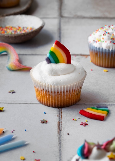 Free photo delicious rainbow cupcake still life