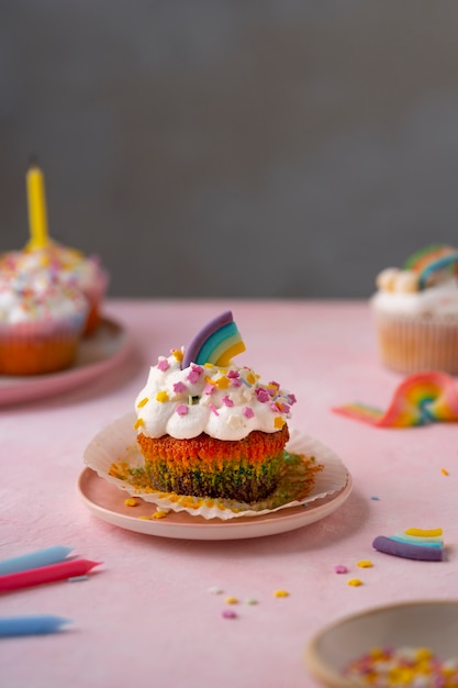 Free photo delicious rainbow cupcake still life