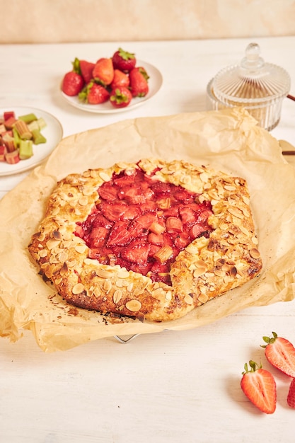 Free photo delicious rhubarb strawberries gallate cake with ingredients on a white table